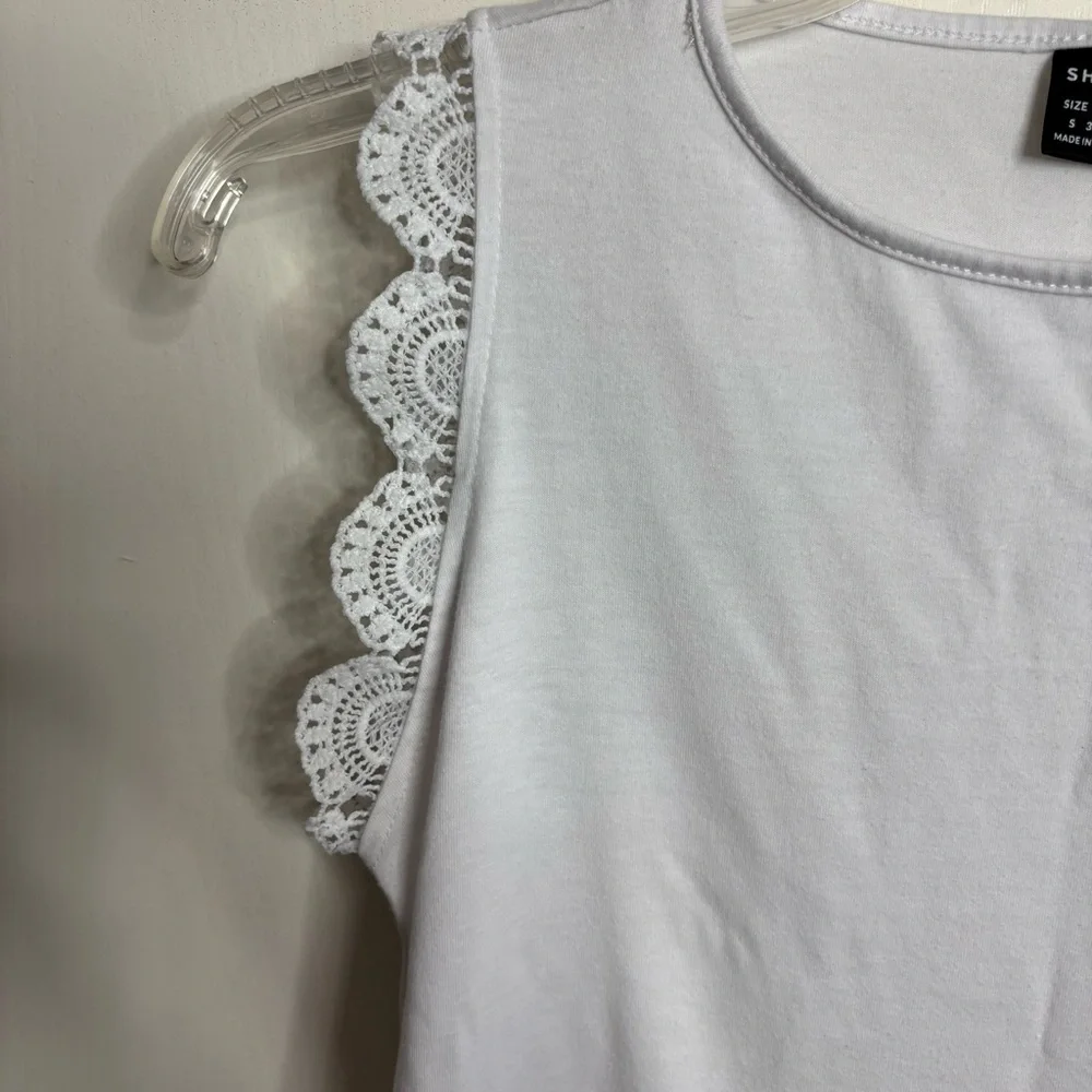 SHEIN White Ruffled Sleeveless Lace Trim Tank Top, Size Small White Top - Picture 6 of 6